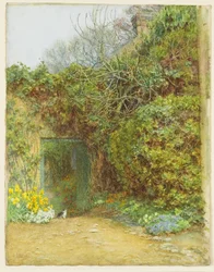 A porta da leiteria, Farringford, senhor Tennysons Home, c.1890 (wc, goma arábica e raspando em papel wove)