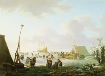 Uma extensa paisagem com trenós e patinadores com um navio preso no gelo (óleo no painel)