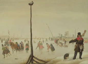 Um caçador de patos e o seu cão numa paisagem de inverno (painel)