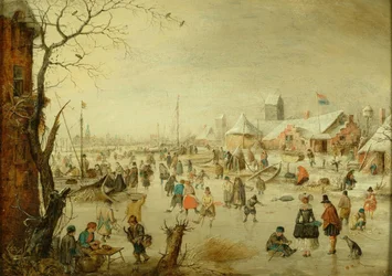 Holandês: Paisagem de inverno com patinadores no gelo Uma cena no gelo