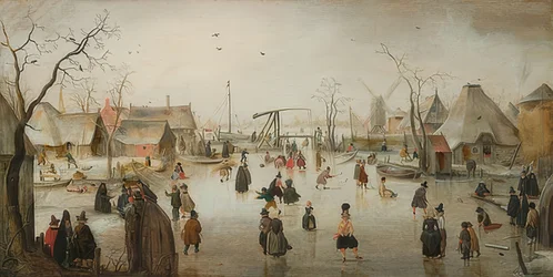 Patinação no gelo em uma cidade. Por volta de 1610