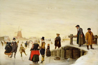Figuras a patinar numa paisagem holandesa