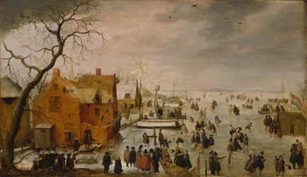 Holandês: IJslandschap / Patinagem no gelo Paisagem de inverno com numerosos patinadores