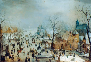 Cena de inverno com patinadores no gelo, c1608