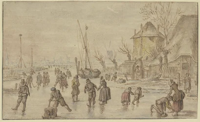 Paisagem de inverno, muitos patinadores no gelo, à direita um homem ata os patins de uma mulher