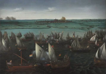 Batalha entre navios holandeses e espanhóis no Haarlemmermeer, c.1629 (óleo sobre tela)