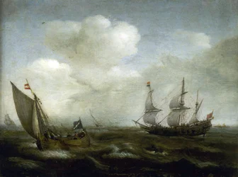Navio holandês e barco de pesca ao sabor da brisa