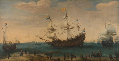 Navios das Índias Orientais ao largo de uma costa, c.1600-30 (óleo sobre tela)