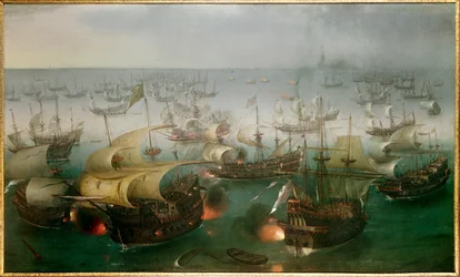 A invencível Armada contra a frota inglesa: "7th day of the Battle with the Armada, 07/08/1588", Pintura de Hendrick Cornelisz Vroom (1566-1640)