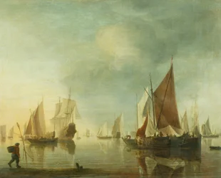 Navio ancorado ao largo num mar calmo; luz do entardecer, c.1650-60 (óleo sobre painel)