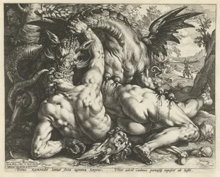Um dragão devorando os companheiros do Cadmus
Companheiros de Cadmus devorados por um dragão