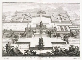 Castle Howard em Yorkshire, de "Vitruvius Britannicus" ou "The British Architect, contendo as plantas, elevações e seções dos edifícios regulares públicos e privados, na Grã-Bretanha" por Colin Campbell