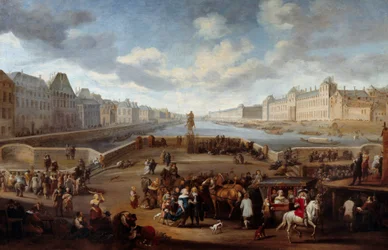 Vista de Paris com o Louvre, tirada da ponte Henri IV (Actuel Pont Neuf). Pintura de Hendricks Mommers (1623-1693)
