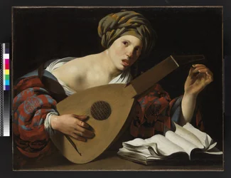 Mulher jovem, afinando, um, alaúde, c.1626-27