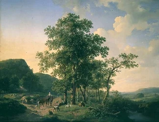 Paisagem arborizada com camponeses e animais