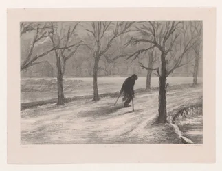 Homem de muletas em uma paisagem de inverno Inverno também na vida (título original)