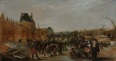 Brincando num canal gelado de uma cidade, c.1615-1620 (óleo sobre painel)