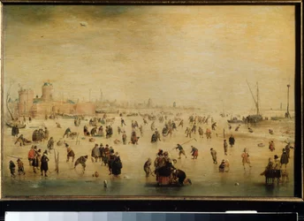 "" Ice Skaters "" (Cena de inverno) (holandês) Pintura de Hendrick Avercamp (1585-1634) por volta de 1615 Moscou, Museu de Belas Artes de Pushkin