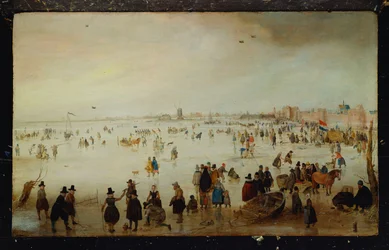 Patinadores, jogadores de golfe, senhoras e senhores elegantes nas águas congeladas do Broederpoort em Kampen