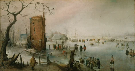 Patinagem perto de uma cidade, c.1610-20 (óleo sobre tela)