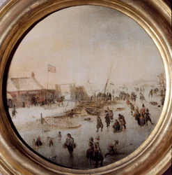 Paisagem de inverno com patinadores no gelo Pintura de Hendrick Avercamp (1585-1634) Diâmetro 25 cm Musei di Strada Nuova (ex Palazzo Rosso)