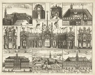 Blad met tien voorsetningen van de intocht van de Kardinaal Infant Ferdinand te Antwerpen, 1635 Espécimes dos lugares e obras mais magníficos da cidade de Antuérpia (título no objeto)