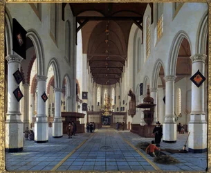 Vista interior da igreja (Oudekerk em Delft?) Pintura de Hendrick Cornelisz Van Vliet (1611/1612-1675) Sol do século XVII. 0,92x1,12 m