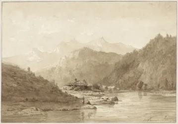 Paisagem montanhosa com lago