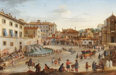Roma, uma vista do Palazzo Barberini com muitas figuras (óleo sobre cobre)