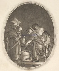 Salomé recebendo a cabeça de João Batista, cercada por três homens e uma criança por ..., ca. 1610