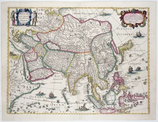 Mapa geral, incluindo a Arábia, o Japão, a península coreana e a maior parte do arquipélago indonésio, 1631 (gravura colorida)