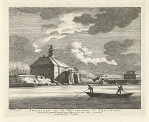 Sagging Muiderpoort, visto do Singelgracht, 1769 Imagem do Muyderpoort em Amsterdã, Zoo como o synde colapsado, pode ser visto do lado de fora, em ziguezague (título no objeto)
