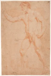 Estudo de modelo masculino, em pé, com o braço levantado