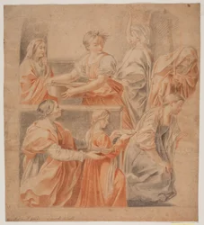 Estudo depois de Guido Renis fresco na Capela da Anunciação, Palazzo Quirinale, Rom. (Marias fødsel, lado venstre)