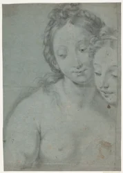 Duas cabeças femininas. Estudos para a metade direita em Carlo Maratta Pintor: Auto-retrato com Marquese Pallavicini, stourhead, National Trust, Inglaterra (ref. Arte Antica e Moderna, 1961, nº 181)