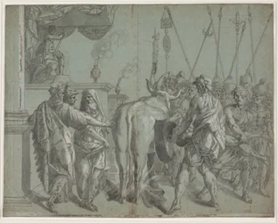 O tirano Falaro de Agrigento encerra o escultor Parillus em seu touro de bronze brilhante