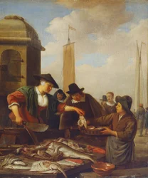Uma banca de peixe junto a um porto (óleo sobre painel)