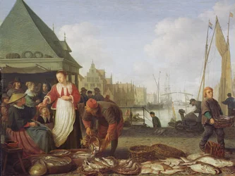 O mercado de peixe de Roterdão (óleo sobre painel de carvalho)