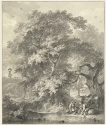 Cena florestal com pastores em repouso junto a uma queda de água