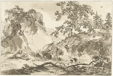 Heuvelachtig landschap met een rustende man
Doze desenhos calculados para a utilização daqueles que estão a aprender a desenhar a paisagem (título da série)