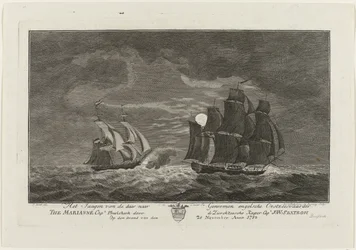Sextroh hunting the Marianne, 1782
Hunting the English East Sea vessel The Marianne Capt Phielskerk by the Zierikzeesche Kaper Capt J:W:Sextroh on the evening of 20 November 1782 (title on object)