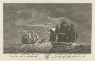 Sextroh hunting the Marianne, 1782
Hunting the English East Sea vessel The Marianne Capt Phielskerk by the Zierikzeesche Kaper Capt J:W:Sextroh on the evening of 20 November 1782 (title on object)