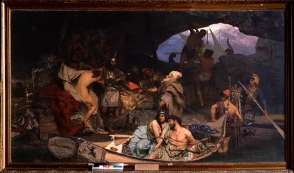 Os corsários. (Cena em que eles trazem de volta seu saque e seus prisioneiros (reféns) em uma caverna). Pintura de Henryk Siemiradzki (1843-1902), óleo sobre tela
