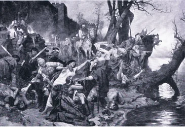 Warriors of Sviatoslav at the massacre under the wall od Drster (Durostorus), ilustração de Landmarks in European History publicada pela Gresham Publishing Co, c.1920 (litho)