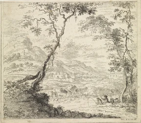 Paisagem com pescadores por um rio