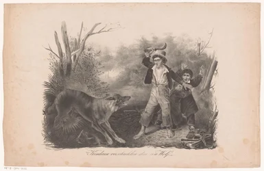 Crianças e um lobo na floresta Crianças assustadas por um lobo (título no objeto)