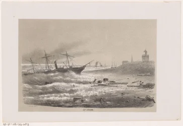 Navio em dificuldades perto da praia durante a tempestade de 28 de Maio de 1860
A praia (título sobre o objecto)
Álbum de dez esboços litografados, retratando cenas de destruição causadas pela tempestade de 28 de Maio de 1860, no Bosc de Haia