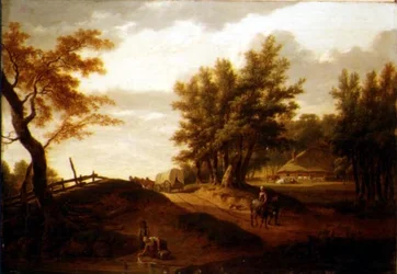 Uma paisagem arborizada com um vagão e camponeses viajando em uma estrada, uma lavadeira em uma lagoa e uma fazenda além