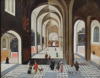 Interior de uma igreja com figuras, incluindo um homem de vermelho a falar com um clérigo (óleo sobre tela)