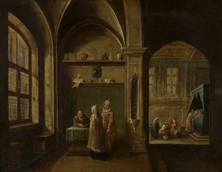 Um Interior renascentista com figuras: O Nascimento de São João, c.1600-49 (óleo sobre cobre)